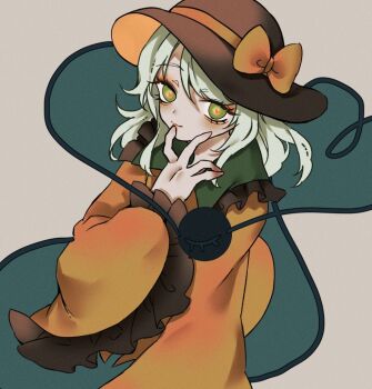 1girl black_hat blouse bow eyeball frilled_shirt_collar frilled_sleeves frills green_hair green_skirt hand_on_own_face hat hat_bow hat_ribbon heart heart-shaped_pupils heart_of_string komeiji_koishi neon_(co2co8) ribbon shirt skirt symbol-shaped_pupils third_eye touhou upper_body white_background yellow_bow yellow_ribbon yellow_shirt