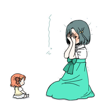 Rule 34 | 1girl, braid, bun with braided base, character doll, commentary request, doll, embarrassed, fang, flying sweatdrops, green skirt, hair bun, high-waist skirt, link! like! love live!, looking at doll, love live!, love live! nijigasaki high school idol club, mifune shioriko, miniskirt, nijigasaki school uniform, open mouth, orange hair, pleated skirt, puffy short sleeves, puffy sleeves, red eyes, school uniform, seiza, shinanoya (satanicad), shirt, short hair, short sleeves, simple background, single side bun, sitting, skin fang, skirt, solo, summer uniform, sweater vest, uehara ayumu, virtual youtuber, white background, white shirt, white skirt, yellow sweater vest