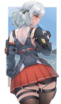 1girl absurdres beach bike_shorts black_gloves black_ribbon black_thighhighs blue_sky blush commentary detached_sleeves english_commentary fingerless_gloves food food_in_mouth from_behind girls'_frontline girls'_frontline_2:_exilium gloves hair_ribbon highres holding holding_food holding_popsicle ocean pleated_skirt popsicle popsicle_in_mouth red_eyes red_skirt ribbon sabrina_(girls'_frontline_2) short_hair skirt sky solo spas-12_(girls'_frontline) tascalate thighhighs white_background white_hair