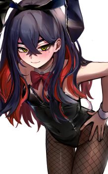 1girl alternate_costume animal_ears black_hair black_leotard blush bow bowtie breasts carmine_(pokemon) closed_mouth commentary_request covered_navel crossed_bangs detached_collar eyelashes fake_animal_ears fake_tail fishnet_pantyhose fishnets hair_between_eyes hand_on_own_hip highres leaning_forward leotard long_hair looking_at_viewer medium_breasts mitorizu_02 mole mole_under_eye multicolored_hair nintendo pantyhose playboy_bunny pokemon pokemon_sv rabbit_ears rabbit_tail red_bow red_bowtie red_hair revision simple_background solo strapless strapless_leotard tail white_background wrist_cuffs yellow_eyes