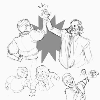 3boys blazer bomber_jacket commentary cuno disco_elysium english_commentary facial_hair glasses hair_slicked_back hand_on_own_chest hand_on_own_hip harry_du_bois high_five highres jacket kim_kitsuragi laughing male_focus multiple_boys mutton_chops necktie nurve26 pointing pointing_at_another short_hair