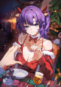 1boy 1girl absurdres alternate_costume bare_shoulders black_halo blue_archive blue_eyes breasts cleavage closed_mouth commentary detached_sleeves doodle_sensei_(blue_archive) dress english_commentary fur_shawl halo heart heart_hands heart_hands_duo highres large_breasts long_hair looking_at_viewer pov purple_hair purple_nails red_dress sakanafish sensei_(blue_archive) shawl smile two_side_up yuuka_(blue_archive)