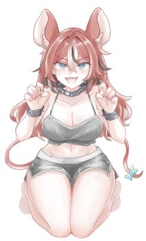 1girl alternate_costume animal_ear_fluff animal_ears barefoot black_hair black_shorts blue_eyes bow breasts cleavage collar collarbone colored_tips commentary cropped_shirt dolphin_shorts double-parted_bangs full_body hair_between_eyes hair_down hakos_baelz highres hololive hololive_english long_hair looking_at_viewer medium_breasts midriff mouse_ears mouse_girl mouse_tail multicolored_hair navel open_mouth orakuru_(oracle_art) paw_pose red_hair red_nails seiza sharp_teeth shorts simple_background sitting solo spaghetti_strap spiked_collar spiked_wristband spikes streaked_hair symbol-only_commentary tail tail_bow tail_ornament teeth thick_thighs thighs v-shaped_eyebrows virtual_youtuber white_background white_hair