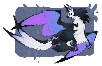 animal_focus artist_name beak black_feathers claws commentary commentary_request creature dragon feathered_wings feathers fluffy highres immorthis limited_palette monster neck_fur no_humans original pawpads reference_sheet simple_background tail teeth watermark white_feathers white_fur wings