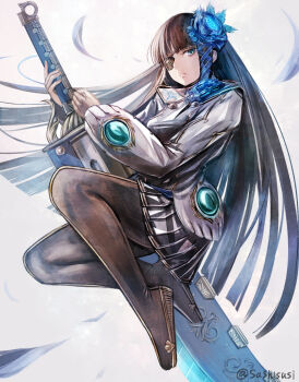 1girl aqua_eyes black_boots black_hair blue_ribbon blunt_bangs blunt_ends boots commentary_request expressionless eyepatch flower full_body hair_flower hair_ornament hair_ribbon holding holding_sword holding_weapon huge_weapon legs_up long_hair looking_at_viewer nagisa_(phantasy_star) pantyhose phantasy_star phantasy_star_portable_2 phantasy_star_portable_2_infinity pleated_skirt ribbon sidelocks simple_background skirt solo sushi_(sashimise) sword thigh_boots twitter_username weapon white_background