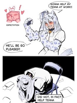 animal_ears ant_tenna chair deltarune highres indie_virtual_youtuber leopard_ears leopard_girl leopard_tail metal_chair muscular muscular_female neck_bell shinji_in_a_chair_(meme) snowie_saber tail utdr_(toby_fox) virtual_youtuber white_hair