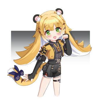 1girl animal_ear_fluff animal_ears bell black_gloves black_shorts blonde_hair blue_bow blush bow chocobw collared_shirt colored_inner_hair elbow_gloves feet_out_of_frame fingerless_gloves fingernails gloves green_eyes grey_shirt hair_between_eyes hand_up high-waist_skirt highres jacket jingle_bell ju_fufu long_hair looking_at_viewer multicolored_hair open_mouth paw_pose shirt shirt_tucked_in short_sleeves shorts simple_background skirt smile solo standing tail tail_bow tail_ornament thigh_strap thighs tiger_ears tiger_girl tiger_tail very_long_hair white_hair yellow_jacket zenless_zone_zero