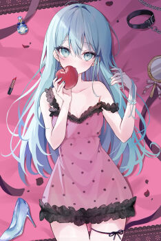 1girl alternate_hairstyle apple bare_shoulders blue_eyes blue_hair bottle collarbone commentary_request cosmetics cowboy_shot dress food frilled_dress frills fruit hair_down hand_mirror haruta_333_x hatsune_miku high_heels highres holding holding_food holding_fruit leg_ribbon lipstick_tube long_hair looking_at_viewer mirror nail_polish perfume_bottle pink_background pink_dress polka_dot polka_dot_dress ribbon romeo_to_cinderella_(vocaloid) shoes short_dress solo standing stiletto_heels strap_slip thigh_ribbon unworn_collar unworn_shoes vocaloid