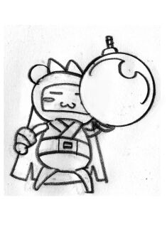 1girl bomb bomberman chibi closed_eyes cosplay explosive fingerless_gloves gloves hair_ribbon highres legs long_hair monochrome nakoruru ribbon samurai_spirits sketch smile snk solo the_king_of_fighters thighs traditional_media