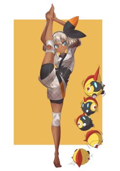 1girl absurdres barefoot bea_(pokemon) black_bodysuit black_hairband blue_eyes bodysuit bodysuit_under_clothes commentary_request covered_navel dark-skinned_female dark_skin falinks full_body gen_8_pokemon grey_hair gym_leader hairband hands_on_feet highres knee_pads nintendo pokemon pokemon_(creature) pokemon_swsh ppangkkaru print_shorts short_hair shorts split standing standing_on_one_leg standing_split toes two-tone_background