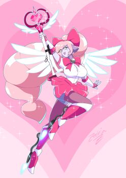 artist_name ass blue_eyes bow breasts cleavage drill_hair eyelashes gun hair_bow happy heart high_heels highres holding holding_weapon huge_bow joints large_breasts lever_action magical_girl original pink_hair ponytail robot robot_girl robot_joints scope skirt sparkling_eyes staff_(weapon) weapon wings zedrin