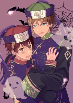 2boys absurdres aqua_eyes bat_(animal) brown_eyes brown_hair commentary_request ensemble_stars! fangs fingernails ghost halloween_costume hand_on_another's_chest hand_up highres jiangshi_costume long_sleeves male_focus morisawa_chiaki multiple_boys nail_polish official_alternate_costume open_mouth short_hair silk spider_web sweet_halloween_(ensemble_stars!) takamine_midori tears upper_body yaoi yuki_suzume