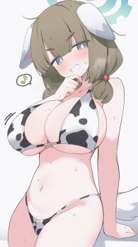 1girl absurdres animal_ears animal_print bikini blue_archive blue_eyes blue_halo breasts commentary cow_print cow_print_bikini cowboy_shot dog_ears dog_girl dog_tail green_hair halo highres hone_kawa huge_breasts looking_at_viewer musical_note navel parted_lips print_bikini solo speech_bubble spoken_musical_note string_bikini sweat swimsuit tail thick_eyebrows underboob v-shaped_eyebrows yakumo_(blue_archive)