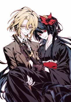 2girls alternate_costume black_gloves black_hair black_kimono blazer blonde_hair blunt_bangs carrying carrying_person closed_mouth collared_shirt flower gloves hair_between_eyes hair_flower hair_ornament hasumi_leia highres holding holding_sword holding_weapon jacket japanese_clothes katana kimono long_hair long_sleeves looking_at_viewer mahou_shoujo_no_majo_saiban multiple_girls nikaido_hiro red_eyes red_flower san_hui_mai_feng shirt short_hair simple_background smile sword very_long_hair weapon white_background white_shirt yellow_eyes