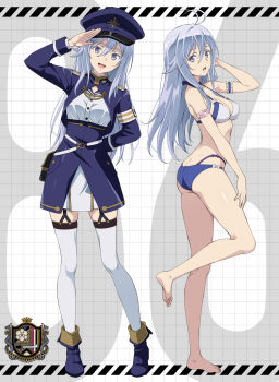 1girl 86_-eightysix- :d ahoge arm_behind_back ass barefoot belt bikini blue_bikini blue_eyes breasts butt_crack cleavage commentary_request emblem full_body grey_hair hat highres long_hair looking_at_viewer medium_breasts military_hat military_uniform multiple_views nanikairu o-ring o-ring_belt open_mouth peaked_cap salute smile standing swimsuit thighhighs thighs very_long_hair vladilena_millize white_belt white_bikini white_thighhighs zettai_ryouiki