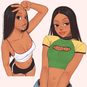 1girl black_hair black_shorts breasts crop_top dark-skinned_female dark_skin dolphin_shorts green_shirt grey_background jesus_aponza looking_at_viewer midriff multiple_views navel original print_shirt rosa_(jesus_aponza) shirt short_sleeves shorts simple_background small_breasts tank_top white_tank_top yellow_sleeves