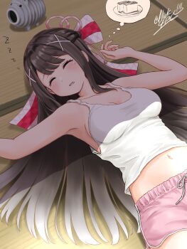 1girl breasts brown_hair cleavage closed_eyes collarbone commentary flick_(sal23) hair_ornament hairclip highres long_hair lying midriff navel on_back onsen_musume open_mouth pink_shorts shirt shorts signature sleeping solo speech_bubble tatami thought_bubble white_shirt x_hair_ornament yubara_sawa