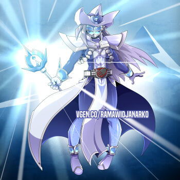 Rule 34 | 1girl, absurdres, armor, belt, blue mask, breasts, commentary, commission, cosplay, english commentary, full body, gloves, grey hair, hat, highres, holding, holding staff, kamen rider, kamen rider wizard (series), long hair, mage staff, mask, ramawidjanarko2, shoulder armor, silent magician, silent magician (cosplay), staff, standing, tokusatsu, vgen commission, vgen username, white gloves, white hat, wiseman (kamen rider wizard), wizard hat, wizardriver, yu-gi-oh!