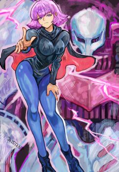 1girl black_cape black_shirt blue_boots blue_pantyhose boots breasts cape closed_mouth commentary_request curvy full_body gundam haman_karn hand_on_own_leg highres leaning_forward mecha okrdisk2000 pantyhose pink_hair pink_lightning purple_eyes qubeley red_nails robot shirt zeta_gundam