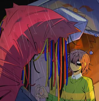 1boy 1other absurdres ant_tenna black_pants brown_hair crt deltarune from_above highres humanoid_robot korean_commentary kris_(deltarune) looking_at_another mechabare missing_limb object_head opening_door pants partially_shaded_face radio_antenna rain red_eyes robot tailcoat torn_clothes utdr_(toby_fox) yp_katelove