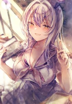 Rule 34 | 1girl, absurdres, blue dress, blue hat, blush, board eraser, book, breasts, chalk, chalkboard, cleavage, commentary, dress, grey hair, hat, highres, holding, holding book, holding chalk, kamishirasawa keine, kamu kotan, large breasts, long hair, looking at viewer, open mouth, short sleeves, smile, solo, touhou, traditional media, yellow eyes