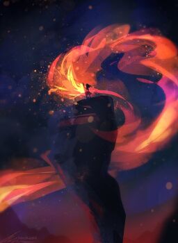 1girl artist_name burning cliff colored_smoke dress embers from_behind full_body hair_flowing_over holding holding_polearm holding_weapon light_particles long_hair magic mini_person minigirl mountaintop night original outdoors painterly polearm scenery signature smoke spear standing weapon zandra