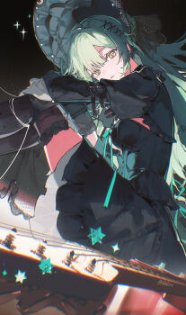 Rule 34 | 1girl, absurdres, animal ears, arknights, artist name, bang dream!, bang dream! it's mygo!!!!!, black bonnet, black dress, black thighhighs, bonnet, chromatic aberration, commentary, dress, earrings, floppy ears, foreshortening, from side, green hair, guitar, highres, instrument, jewelry, knee guards, long hair, looking at viewer, looking to the side, rabbit ears, sitting, small stellated dodecahedron, solo, sparkle, thighhighs, tochigi 1990, wakaba mutsumi, wakaba mutsumi (marionette's id), yellow eyes