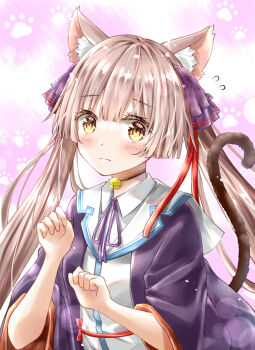 Rule 34 | 1girl, absurdres, animal ear fluff, animal ears, ayaro (genkiloobaii), bell, black choker, black robe, blunt bangs, blunt ends, blush, brown hair, cat ears, cat girl, cat tail, choker, closed mouth, collared shirt, commentary request, eyelashes, flying sweatdrops, frown, furrowed brow, hands up, heaven burns red, highres, hime cut, jingle bell, kemonomimi mode, long hair, long sleeves, looking at viewer, neck bell, neck ribbon, ogasawara hisame, open clothes, open robe, paw pose, paw print, pink background, purple ribbon, red ribbon, ribbon, robe, shirt, sidelocks, simple background, solo, split mouth, tail, tail raised, twintails, upper body, very long hair, white shirt, wide-eyed, wide sleeves, yellow eyes