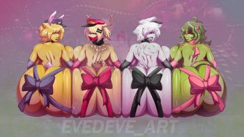 4girls absurdres animal_ears antlers artist_name ass ass_press black_gloves black_ribbon blonde_hair breasts christmas colored_skin completely_nude deer_antlers deer_ears deer_girl deer_tail elbow_gloves five_nights_at_freddy's five_nights_in_anime_(fangame) from_behind gloves green_skin hat highres horns huge_ass huge_breasts large_breasts multiple_girls naked_ribbon nude on_floor pink_gloves pink_ribbon purple_gloves purple_ribbon rabbit_ears rabbit_girl rabbit_tail red_gloves red_ribbon ribbon shiny_skin sitting smile tail teeth white_hair white_skin wollu yellow_skin