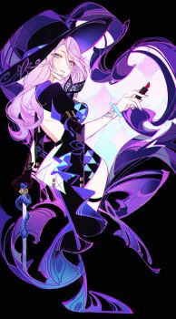 1girl backless_outfit black_background black_hat blue_eyes blush commentary_request cosmetics hat highres holding holding_lipstick_tube honkai:_star_rail honkai_(series) jade_(honkai:_star_rail) lipstick_tube long_hair looking_at_viewer looking_back parted_lips purple_hair smile solo wanwu_(nighmist)