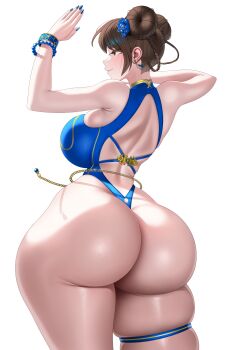 1girl alternate_costume ass bare_shoulders bracelet breasts brown_eyes brown_hair capcom chun-li curvy double_bun earrings female_focus hair_bun highleg highleg_one-piece_swimsuit highres huge_ass jewelry large_breasts leotard luunamito official_alternate_costume one-piece_swimsuit shiny_skin simple_background skindentation street_fighter street_fighter_6 swimsuit thick_thighs thighs thong_one-piece_swimsuit white_background wide_hips