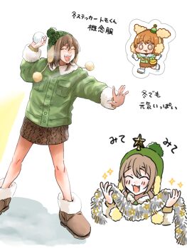 1boy beanie boots brown_eyes brown_hair brown_skirt coat crossdressing crossdressing_(mtf) earflap_beanie fang fur_boots green_coat green_hat hat hat_ornament highres holding holding_snowball male_focus medium_hair miniskirt open_mouth original scarf skirt snowball solo star_(symbol) star_hat_ornament tomo_(yuki_touko) trap ugg_boots yellow_bag yuki_touko