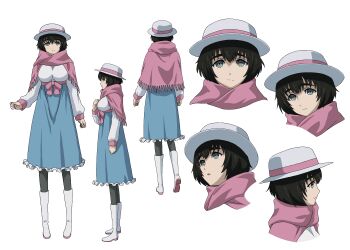 1girl anime_coloring aqua_eyes bad_tag black_hair black_pantyhose blue_eyes blue_skirt boots bow breasts from_behind from_side full_body hat high-waist_skirt highres large_breasts long_sleeves medium_hair multiple_expressions multiple_views official_art pantyhose petticoat pink_bow red_scarf reference_sheet sash scarf science_adventure shiina_mayuri shirt skirt solo steins;gate steins;gate_0 tareme transparent_background waist_bow waist_sash white_boots white_shirt winter_clothes