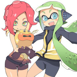 Rule 34 | 2girls, :d, agent 3 (splatoon), amatta page, animal, belt, black belt, black shirt, blue eyes, blush stickers, brown gloves, brown shorts, closed mouth, commentary request, cowboy shot, fangs, fish, gloves, green eyes, green hair, headphones, high-visibility vest, holding, holding animal, holding fish, inkling girl, inkling player character, long hair, long sleeves, looking at viewer, midriff, multiple girls, navel, nintendo, open mouth, outstretched arms, red hair, red pupils, shirt, shorts, simple background, smile, sparkle, splatoon (series), suction cups, takozonesu, tentacle hair, thigh gap, twintails, very long hair, white background, zapfish