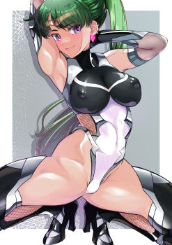 1girl absurdres aqua_eyes arion_canvas armpits arms_behind_head bishoujo_senshi_sailor_moon black_leotard bow breasts circlet covered_erect_nipples earrings elbow_gloves gloves green_hair high_heels highleg highleg_leotard highres jewelry large_breasts leotard long_hair meiou_setsuna ponytail purple_eyes sailor_pluto solo split spread_legs stud_earrings swept_bangs taimanin_(series) taimanin_suit tan thighhighs very_long_hair white_leotard