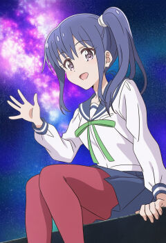 1girl alternate_hairstyle blue_eyes blue_hair blue_sailor_collar blue_skirt collarbone dot_nose feet_out_of_frame female_focus green_ribbon hair_between_eyes koisuru_asteroid long_hair long_sleeves looking_at_viewer manaka_ao night night_sky open_mouth outdoors pantyhose ponytail qb_(qb46311027) ribbon sailor_collar school_uniform serafuku shirt sitting skirt sky solo source_request waving white_shirt