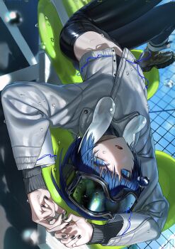 1girl absurdres arms_up black_nails black_pants blue_eyes blue_hair blue_pupils blunt_bangs boots brown_boots chair fang goggles goggles_on_head highres jacket knees_up looking_at_viewer lying navel on_back on_chair open_mouth original own_hands_together oxo_404 pants short_hair skin_tight solo sweat water_drop white_jacket