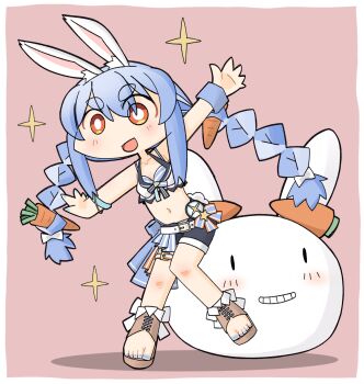 1girl :d and_takashi animal_ear_fluff animal_ears bangle belt belt_buckle bikini bikini_bottom_under_shorts bikini_under_clothes black_shorts blue_hair blush boots bracelet braid bright_pupils buckle carrot_hair_ornament commentary_request food-themed_hair_ornament full_body hair_ornament highres hololive hololive_summer_2023_swimsuit jewelry layered_clothes long_hair nail_polish official_alternate_costume open-toe_boots open_mouth orange_eyes outstretched_arms pekomon_(usada_pekora) pink_background rabbit_ears rabbit_girl short_eyebrows shorts smile solo sparkle star_(symbol) swimsuit thick_eyebrows thigh_strap toenail_polish toenails toes twin_braids usada_pekora virtual_youtuber white_belt white_pupils