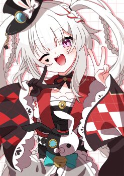 1girl ;d animal_ears argyle_clothes bell bow braid choker commentary_request dress facial_mark gloves grid_background hat highres honkai:_star_rail honkai_(series) monocle one_eye_closed open_mouth pink_eyes rabbit_ears red_streaks side_braid single_glove siu_zj smile sparkle_(honkai:_star_rail) sparxie_(honkai:_star_rail) teeth twintails upper_teeth_only v white_hair