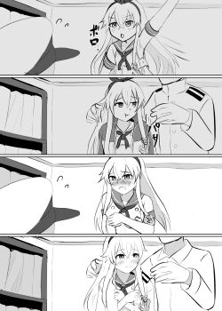 Rule 34 | 1boy, 1girl, absurdres, admiral (kancolle), blush, commentary request, covering breasts, covering privates, elbow gloves, gloves, greyscale, hat, head out of frame, highres, jacket, jacket on shoulders, kantai collection, monochrome, neckerchief, nose blush, peaked cap, ribo=masu, sailor collar, sailor shirt, shimakaze (kancolle), shirt, torn clothes, waving