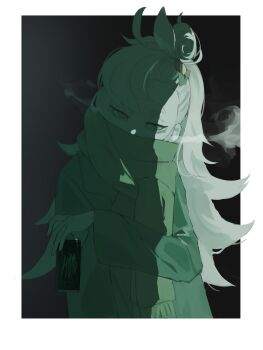 1girl absurdres alternate_costume black_background blonde_hair border breath can coat commentary_request covered_mouth drink green_coat green_eyes hand_up highres holding holding_can holding_drink long_hair looking_at_viewer piper_wheel scarf short_eyebrows solo thick_eyebrows white_border zen_yasai zenless_zone_zero