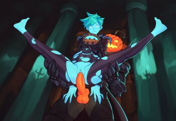 1boy 1girl ahoge barefoot black_coat black_legwear blue_eyes blue_skin blush breasts clothing_request coat colored_skin commentary gloves glowing halloween hetero highres large_penis lifting_person long_sleeves looking_at_another official_alternate_costume orange_skin overwatch overwatch_1 parted_lips penis pumpkin_reaper pussy reaper_(overwatch) reverse_suspended_congress sex sex_from_behind sharp_teeth short_hair spread_legs suoiresnu teeth testicles torn_clothes torn_legwear tracer_(overwatch) uncensored vaginal white_eyes will-o'-wisp_tracer