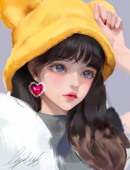 Rule 34 | 1girl, absurdres, black hair, blue eyes, commentary request, earrings, eyelashes, grey background, grey shirt, hair over one eye, hand up, hat, heart, heart earrings, highres, jewelry, korean commentary, lizchief, long hair, mole, mole under eye, original, realistic, red lips, shirt, signature, simple background, solo, upper body, wispy bangs, yellow hat