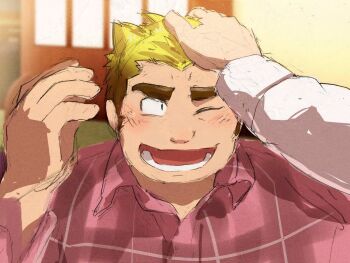 Rule 34 | 1boy, bara, blonde hair, blush, brown hair, collared shirt, fat, fat man, headpat, multicolored hair, one eye closed, pov adoring, sanpaku, shirt, short hair, sideburns, sketch, solo focus, suna sand1, thick eyebrows, tohno motosumi, tokyo houkago summoners, two-tone hair, upper body