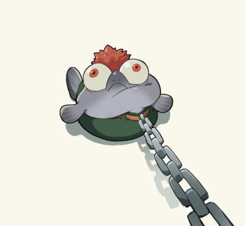 bulging_eyes chain chain_leash closed_mouth fins frown leash nintendo no_humans orange_eyes pulling salmonid shadow simple_background smallfry_(splatoon) solo splatoon_(series) teo_(teorekka) white_background