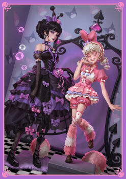 2girls absurdres analogous_colors animal_ears arm_at_side bare_shoulders black_choker black_corset black_dress black_gloves black_hair black_pantyhose black_shoes blonde_hair bloomers blue_eyeshadow blunt_bangs blush border bow bow_skirt bowtie brown_shoes bubble button_eyes buttons character_brooch character_print checkered_floor chenatu_tutu chinese_commentary choker closed_mouth corset crinoline cropped_jacket detached_sleeves diagonal-striped_legwear diagonal-striped_thighhighs dress dress_bow drill_hair drill_sidelocks earrings elbow_gloves eyeshadow fake_animal_ears frilled_choker frilled_corset frilled_dress frilled_hairband frilled_skirt frills full_body fur_leg_warmers fur_rug gem gloves grin hair_bow hair_bun hair_ornament hairband halter_dress halterneck hand_to_own_mouth heart heart-shaped_eyes heart-shaped_gem high-waist_skirt high_heels highres holding holding_polearm holding_weapon identity_v jacket jewelry knees_together_feet_apart kuromi lace lace_gloves layered_skirt leg_warmers lily_barriere lily_barriere_(stunning_my_melody) lipstick looking_at_viewer makeup mary_(identity_v) mary_(merry_kuromi)_(identity_v) medium_dress miniskirt mirror multiple_girls my_melody official_alternate_costume official_art pantyhose pink_bloomers pink_bow pink_bowtie pink_corset pink_eyes pink_gemstone pink_jacket pink_leg_warmers pink_lips pink_skirt platform_shoes polearm polka_dot polka_dot_thighhighs pom_pom_(cheerleading) puffy_detached_sleeves puffy_short_sleeves puffy_sleeves pumps purple_border purple_bow purple_bowtie purple_choker purple_eyes purple_lips rabbit_ears raised_inner_eyebrows rug shirt shoes short_sleeves short_twintails side-by-side sidelocks sideways_glance single_hair_bun skirt skirt_hold skull_hair_ornament sleeve_bow smile solid_eyes sparkle_earrings standing standing_on_box standing_on_one_leg star_(symbol) striped_clothes striped_thighhighs thighhighs trident twintails underwear waist_bow wallpaper_(object) weapon white_shirt white_thighhighs