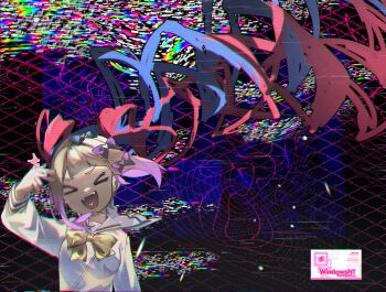 >_< 1girl absurdres blonde_hair blue_bow blue_hair bow chouzetsusaikawa_tenshi-chan closed_eyes commeowdore hair_bow highres long_hair long_sleeves needy_girl_overdose open_mouth pink_bow pink_hair purple_bow sailor_collar school_uniform smile solo static twintails upper_body yellow_bow