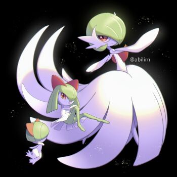 artist_name black_background bob_cut colored_skin commentary_request evolutionary_line gardevoir gen_3_pokemon green_hair green_skin hair_over_eyes hair_over_one_eye highres horns kirlia mega_gardevoir mega_pokemon multicolored_skin nintendo pink_eyes pokemer pokemon pokemon_(creature) ralts smile two-tone_skin white_skin