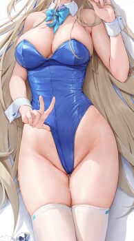 1girl absurdres animal_costume bare_shoulders blonde_hair blue_archive blue_hair blue_leotard breasts cleavage close-up deep_skin detached_collar gluteal_fold groin hand_up heart highres hip_focus houkisei large_breasts leotard leotard_pull long_hair medium_breasts multicolored_hair nipple_slip nipples playboy_bunny rabbit_costume revealing_clothes skindentation sleeveless solo strapless strapless_leotard streaked_hair taut_clothes taut_leotard teasing thick_thighs thighhighs thighs toki_(blue_archive) toki_(bunny)_(blue_archive) two-tone_hair undersized_clothes undersized_thighhighs v very_long_hair w wrist_cuffs