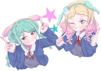 Rule 34 | 2girls, ;d, animal ear hairband, animal ears, aqua hair, aqua hairband, blonde hair, blue jacket, blush, closed mouth, collared shirt, commentary request, dhuno g, dress, dress shirt, expressionless, fake animal ears, flower, gradient hair, grey dress, grin, hair flower, hair ornament, hairband, highres, jacket, looking at viewer, love live!, love live! superstar!!, multicolored hair, multiple girls, neck ribbon, one eye closed, onitsuka natsumi, onitsuka tomari, open clothes, open jacket, open mouth, pinafore dress, pink eyes, pink hair, rabbit ear hairband, rabbit ears, rabbit pose, red eyes, red ribbon, ribbon, school uniform, shirt, siblings, simple background, sisters, sleeveless, sleeveless dress, smile, star (symbol), white background, white flower, white shirt, winter uniform, yuigaoka school uniform